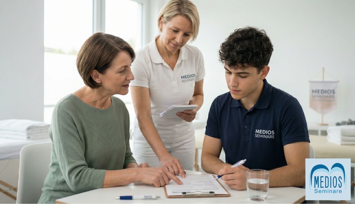 Teilnehmerin lernt theoretische Grundlagen für die Massageausbildung