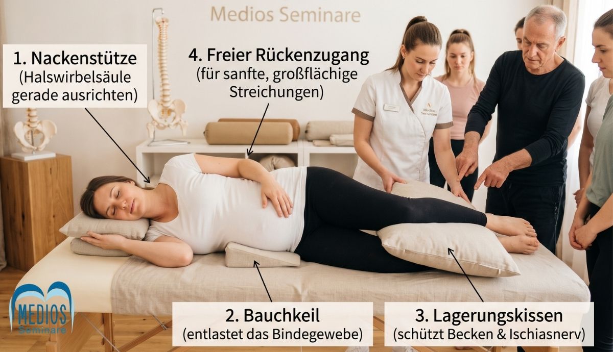 (Beispielbild ist KI-generiert) Schwangerenmassage Anatomie der sicheren Lagerung in der Seitenlage