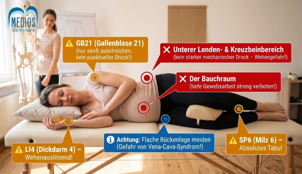 (Beispielbild ist KI-generiert) Schwangerenmassage Tabu-Zonen und Kontraindikationen im Überblick