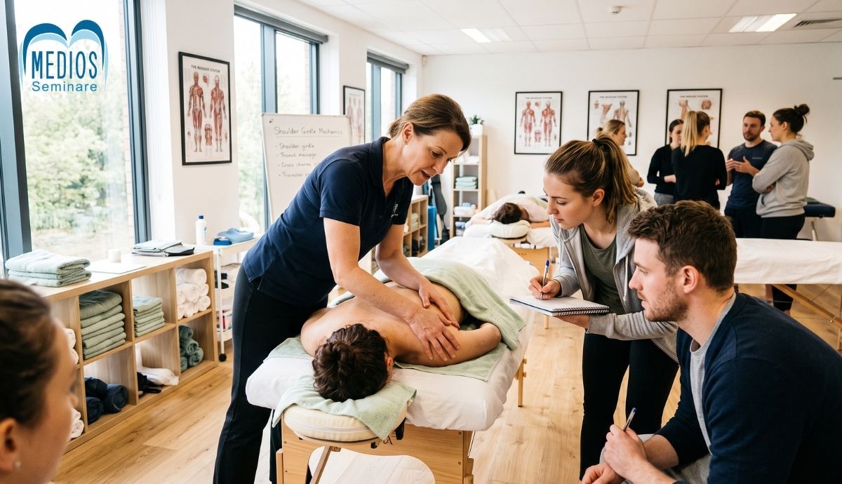 Massage Techniken richtig lernen bei Medios Seminare Therapeut führt eine professionelle Massage an einem Kunden durch